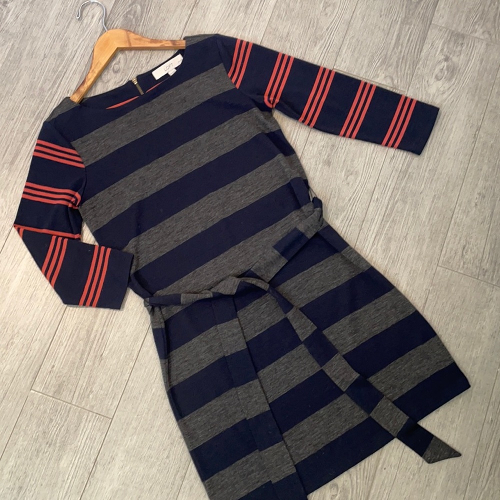 LOFT 3/4 sleeve striped dress with tie XS petite